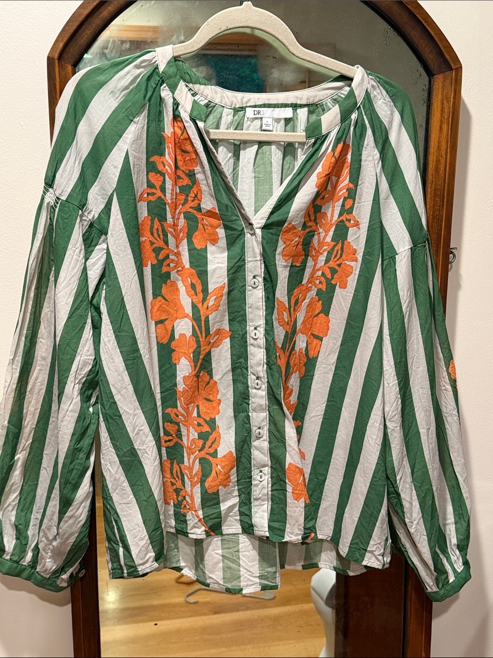 DR2 Striped Button-Front Top with Gingko Print L